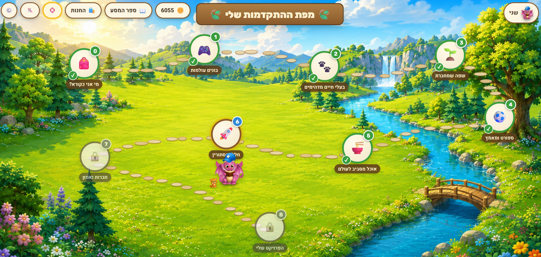 מפת ההתקדמות של קוראים חכמים: תחנות על שביל מתפתל בעולם ירוק, עם דרקון ורוד וחתלתול